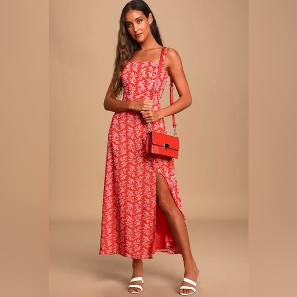 Lulus Back to Backless Red Print Lace-Up Backless Midi Dress Size Medium - Picture 2 of 7